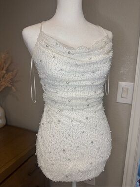 Windsor White Pearl-Embellished Cowl Neck Mini Dress